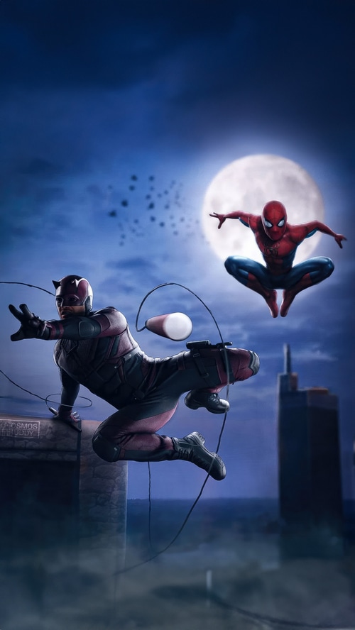 Daredevil and Spider-Man in a nighttime cityscape