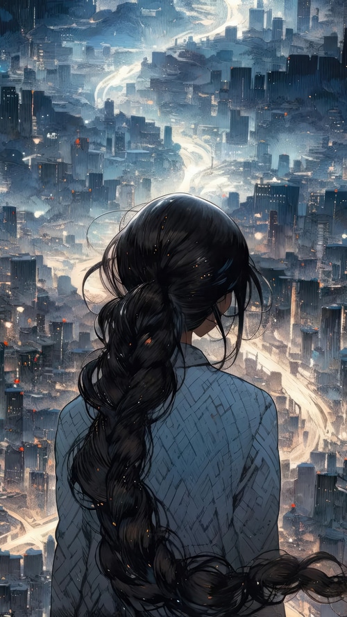 Woman with long braid overlooking a futuristic city