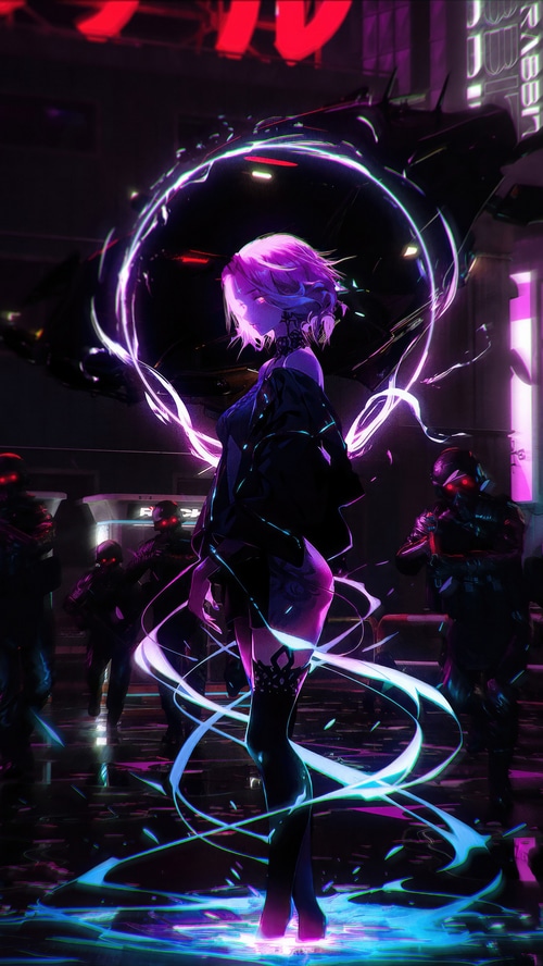Cyberpunk woman with glowing energy and soldiers