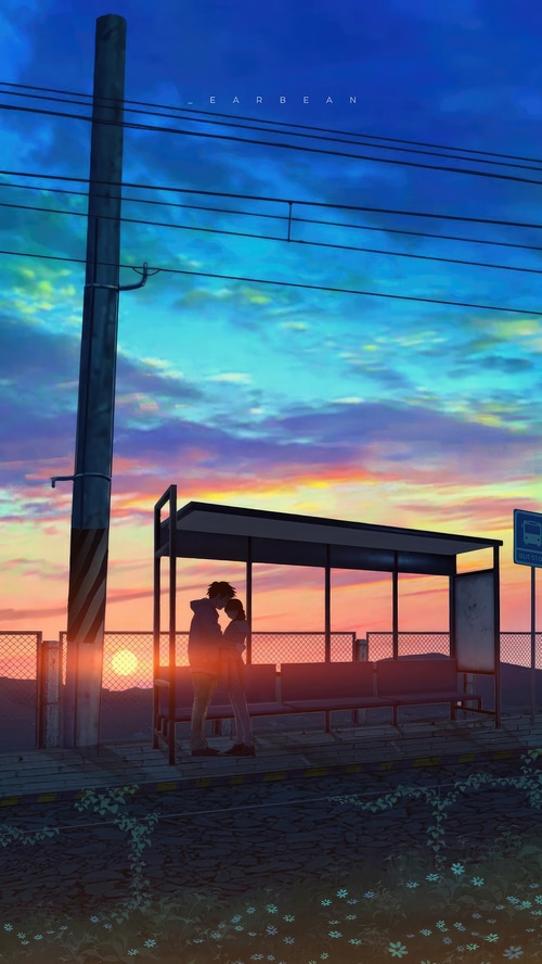 Anime couple at a bus stop during sunset