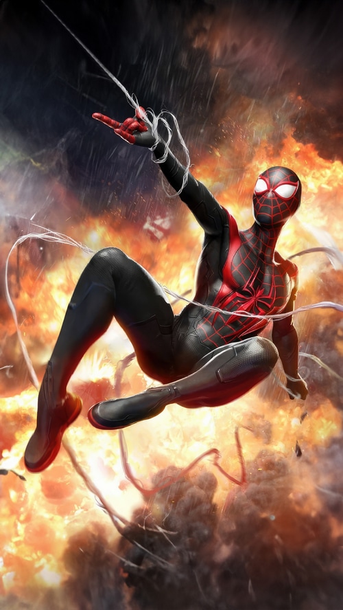 Miles Morales Spider-Man in a fiery explosion