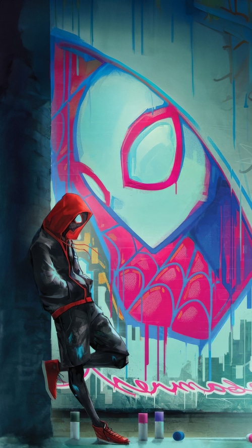 Miles Morales leaning against a graffiti mural