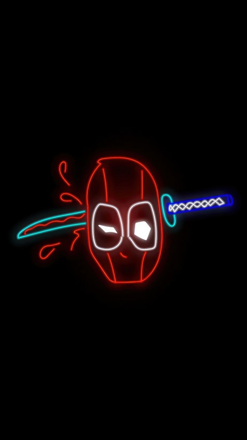 Deadpool neon artwork with a sword through head