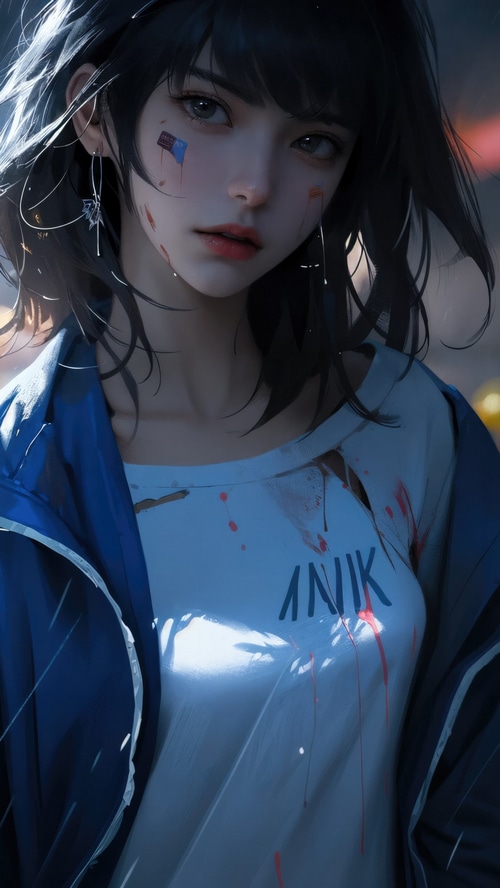 Anime girl with dark hair and blue jacket