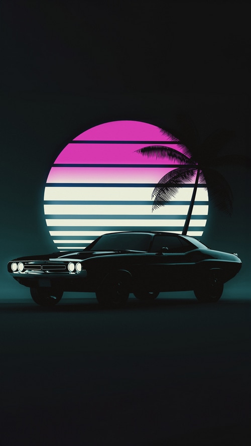 Retro car and palm tree against a neon sunset