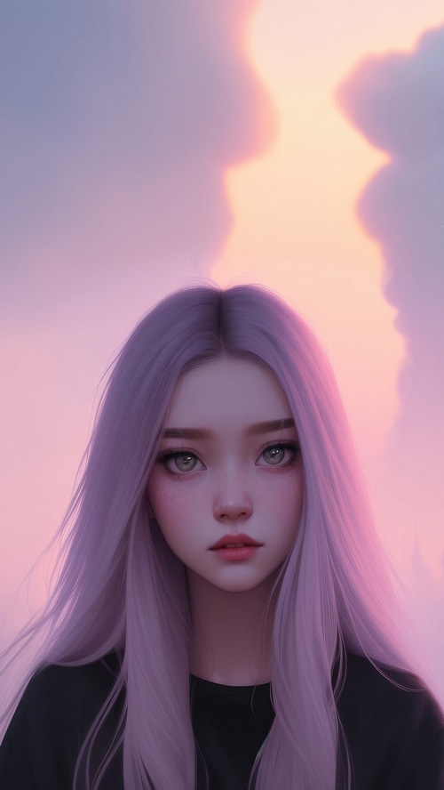 Anime girl with purple hair against a pink sky