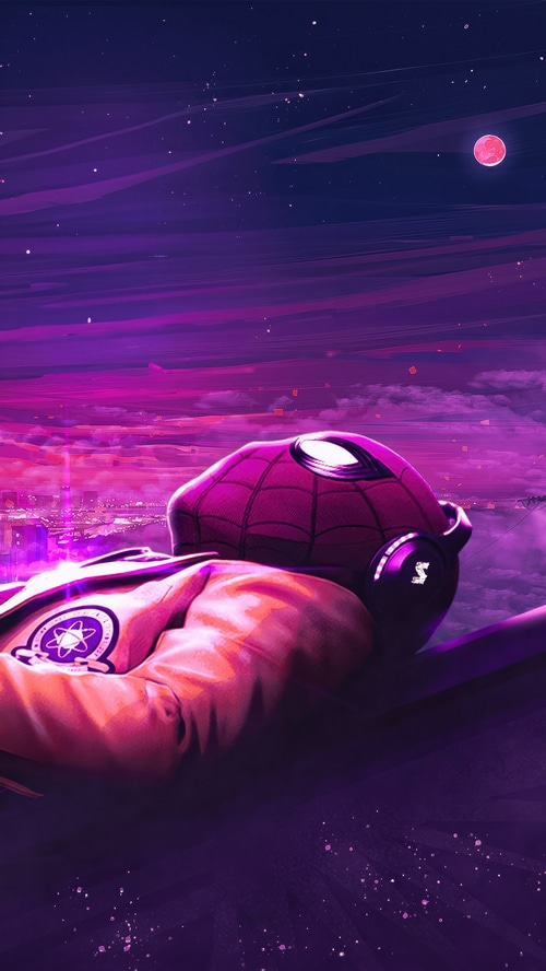 Spiderman artwork with purple sky and moon