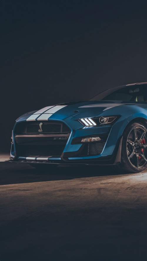 Blue Ford Mustang GT500 with White Stripes