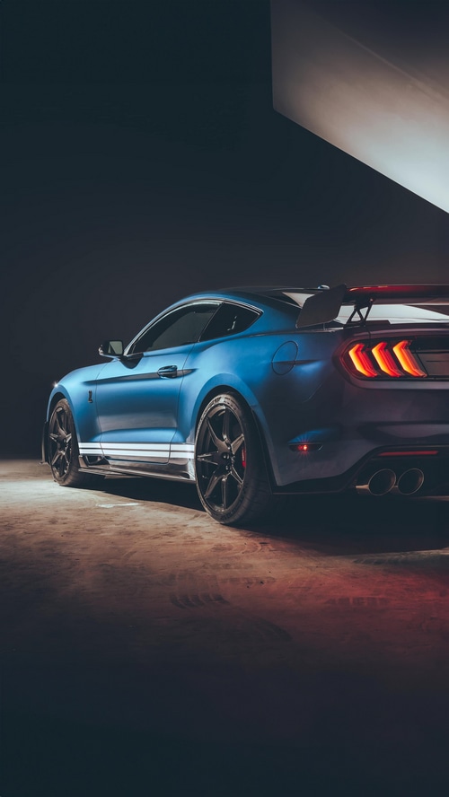 Blue Ford Mustang Shelby GT500 rear view