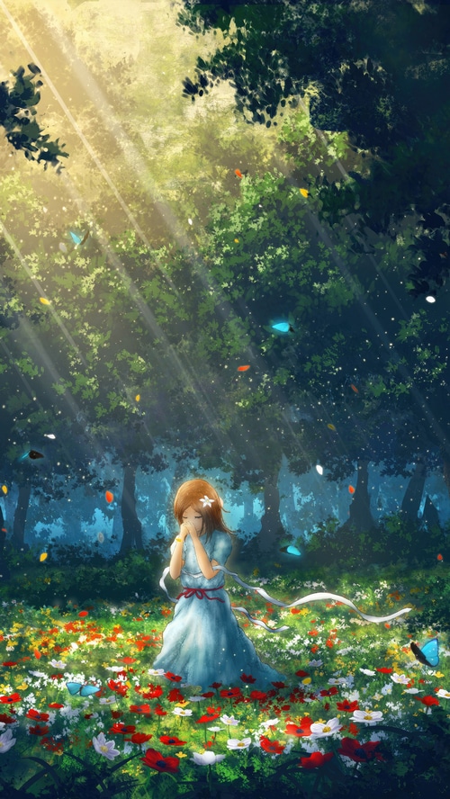 Anime girl in a flower field with butterflies