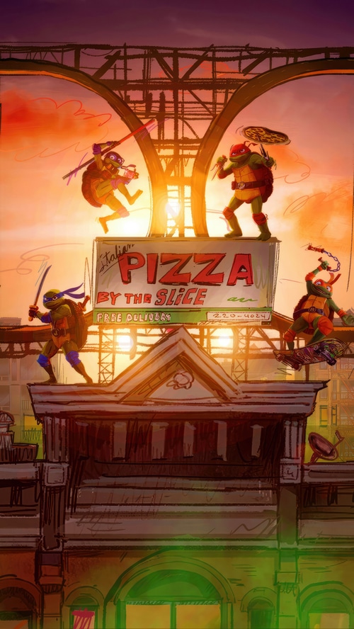 Teenage Mutant Ninja Turtles on a Pizza Sign