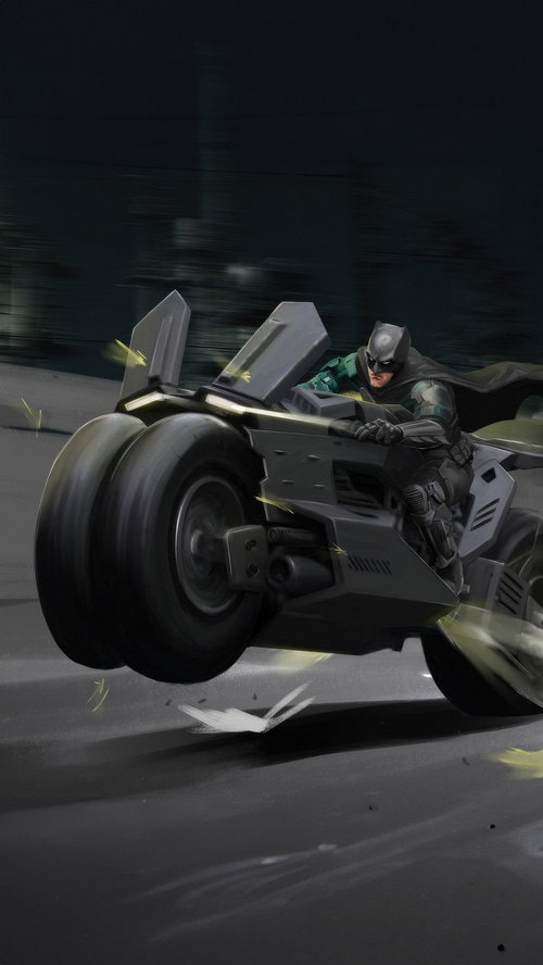 Batman riding the Batcycle in a dark environment