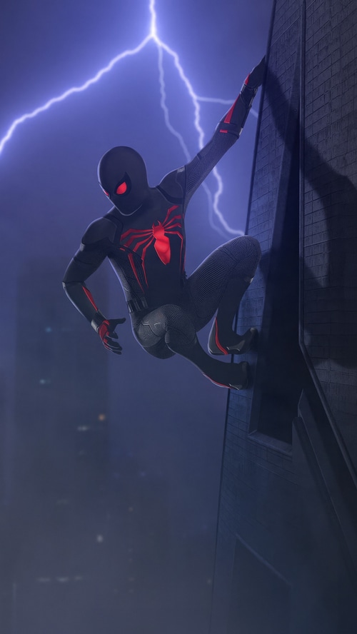 Spider-Man climbing a building during a lightning storm