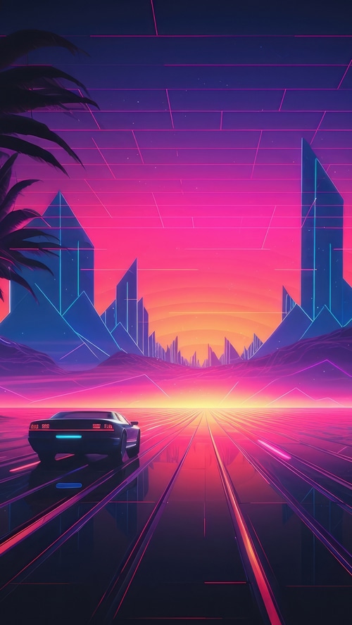 Retrowave artwork of a car driving on a neon road