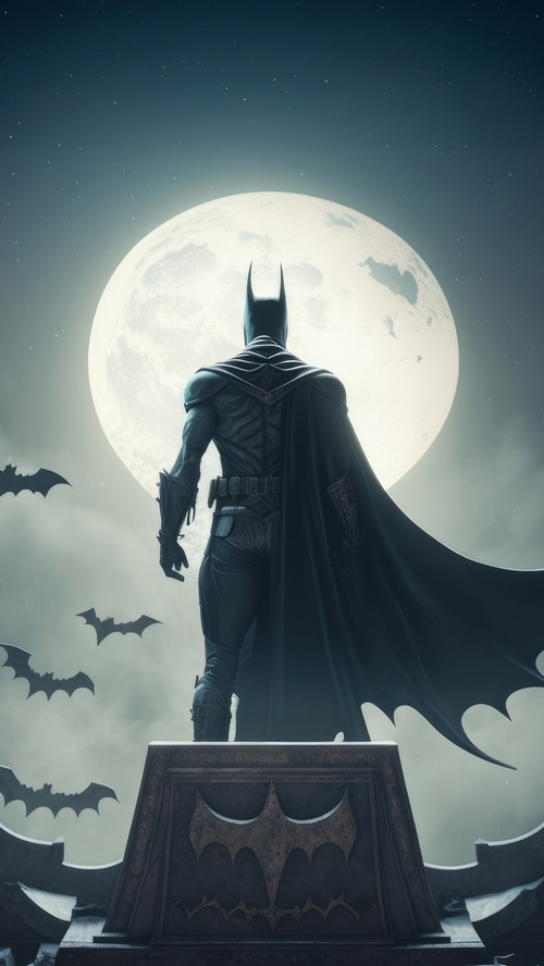 Batman standing on a pedestal with bats and moon