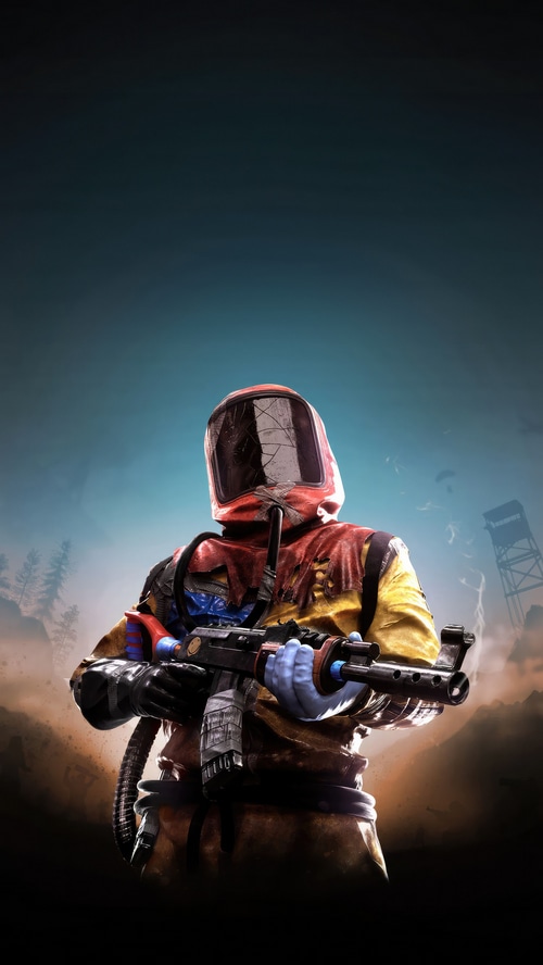 Rust character in hazmat suit holding a rifle