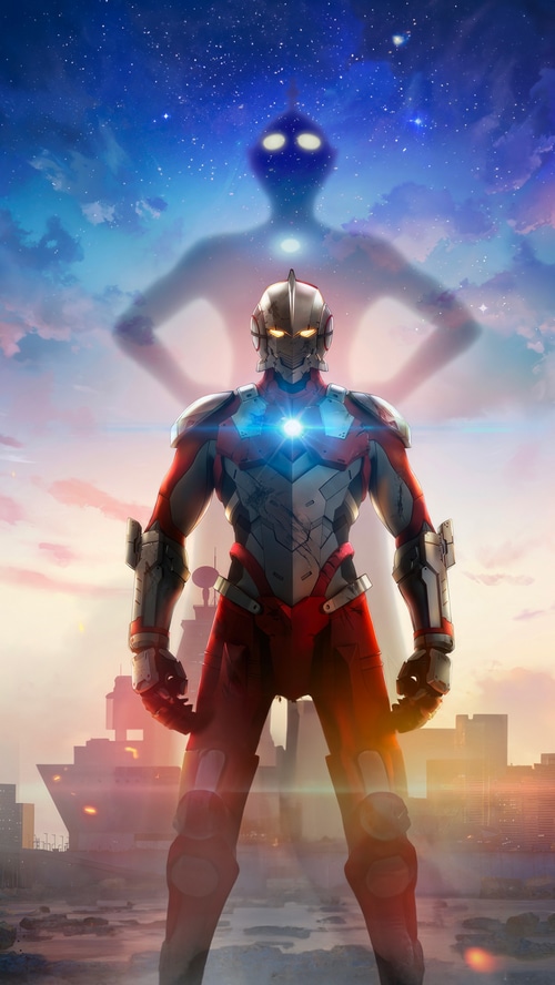 Ultraman standing in front of a city and a giant silhouette