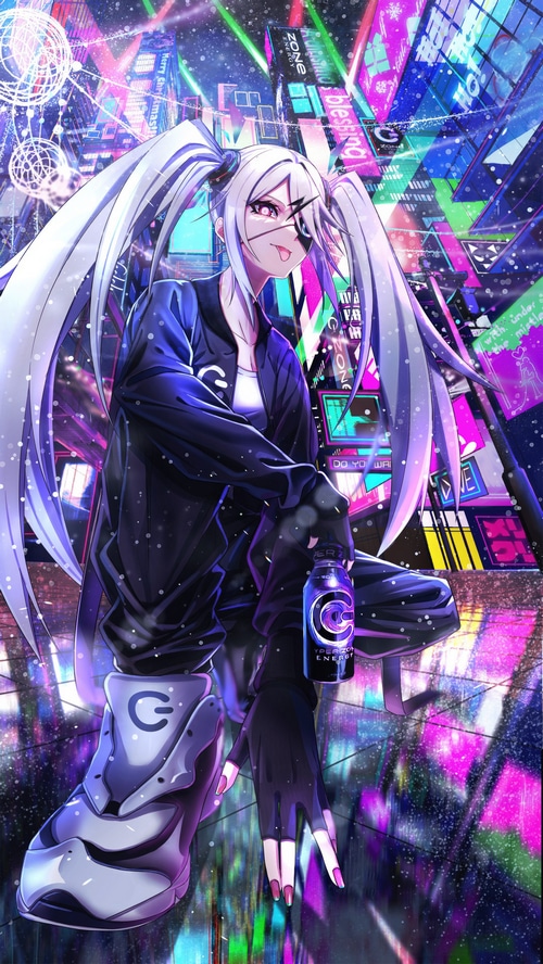 Anime girl with energy drink in a neon city