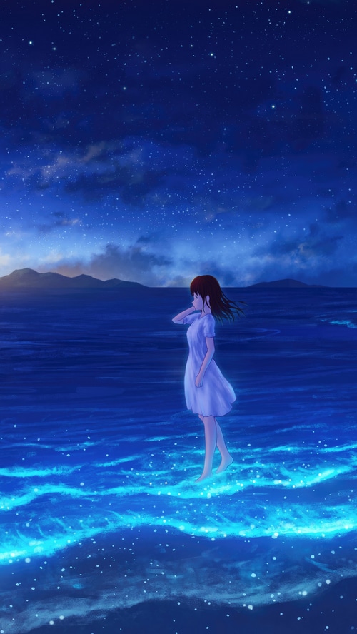 Anime girl standing on glowing water under starry sky