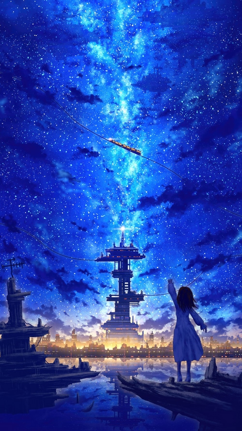 Anime girl reaching towards a futuristic city under a starry sky