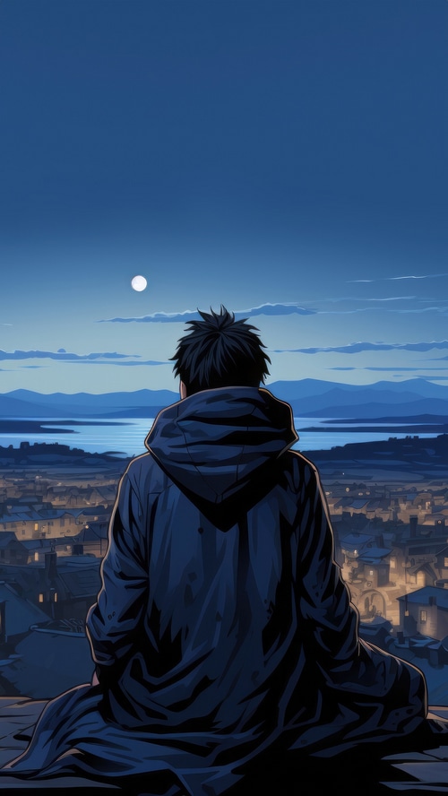 Man in a dark coat looking over a city at night