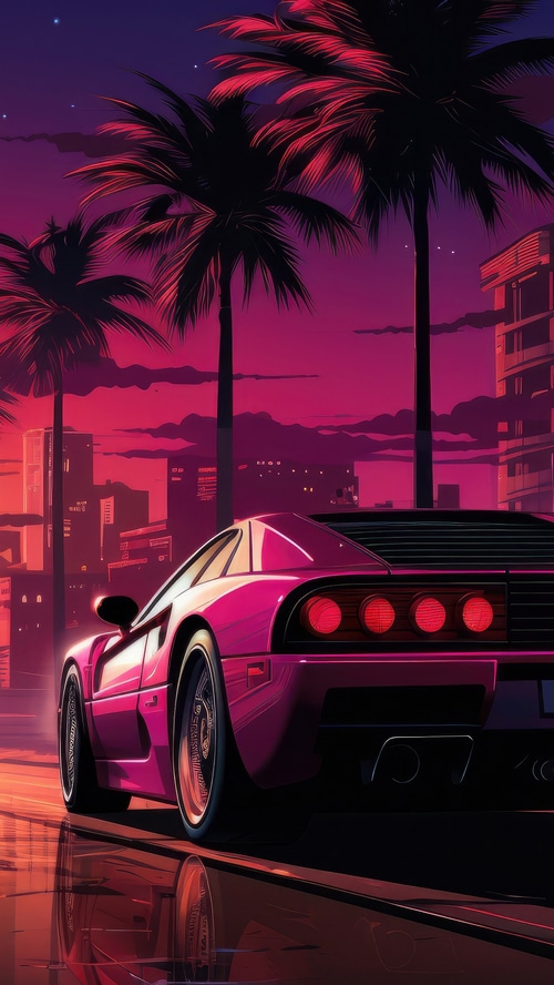 Pink sports car with palm trees and city skyline