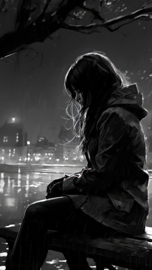Artwork of a person sitting alone in the rain