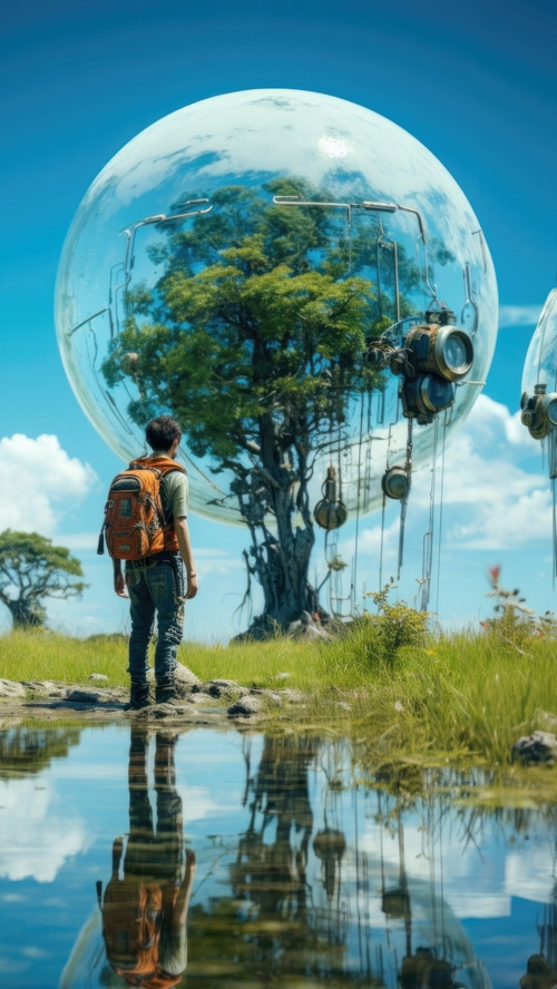 Man with backpack looking at a tree inside a glass sphere