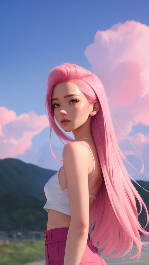 Anime girl with pink hair and pink pants