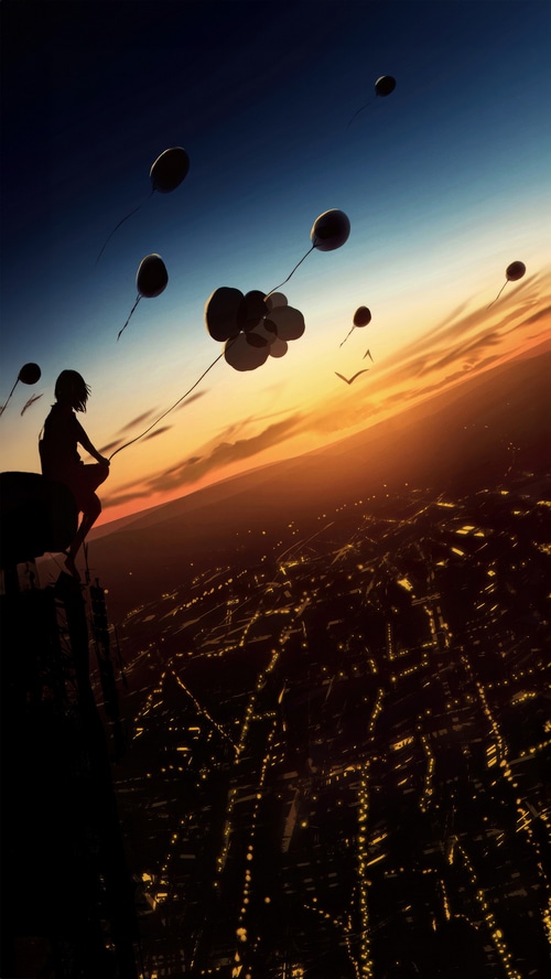 Anime girl with balloons overlooking city at sunset