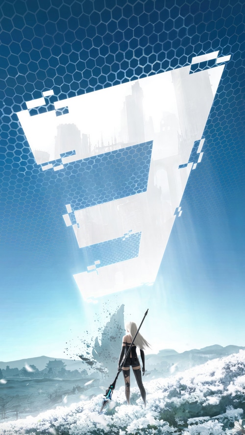 Nier Automata 2B in a snowy field with abstract structures
