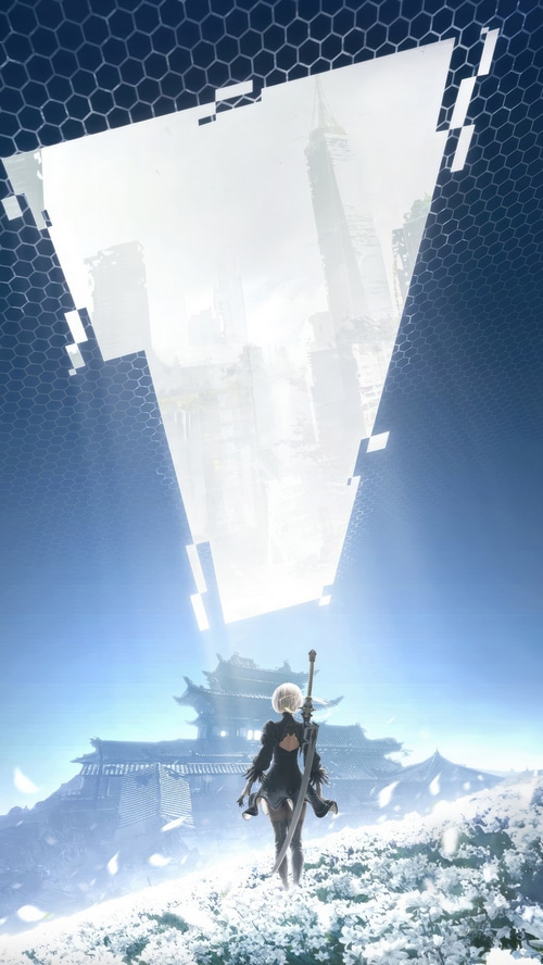 2B from Nier Automata in a field of white flowers