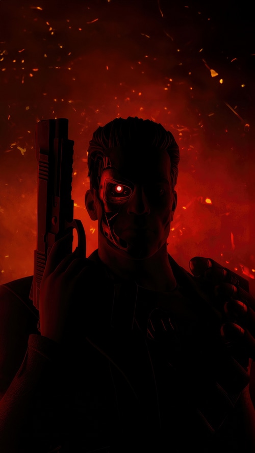 Terminator holding a gun with red sparks in background