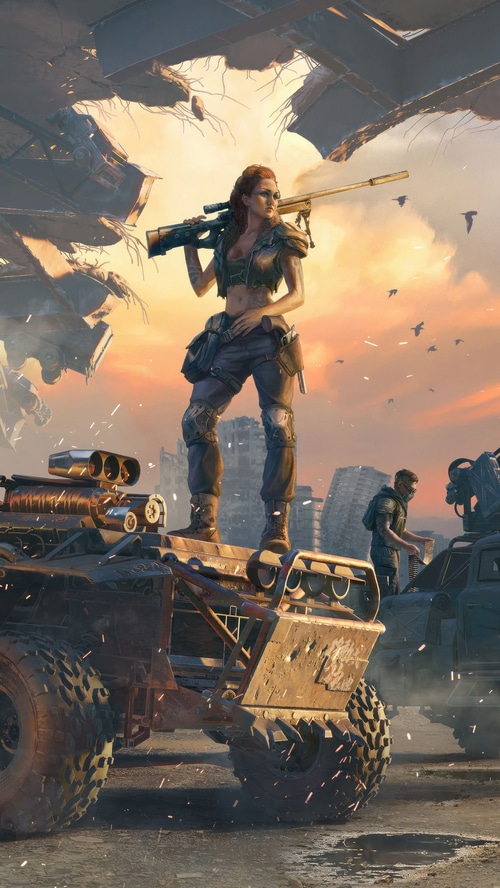 Woman with sniper rifle on a vehicle in a post-apocalyptic city