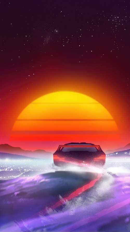 Cyberpunk car driving towards a large sun