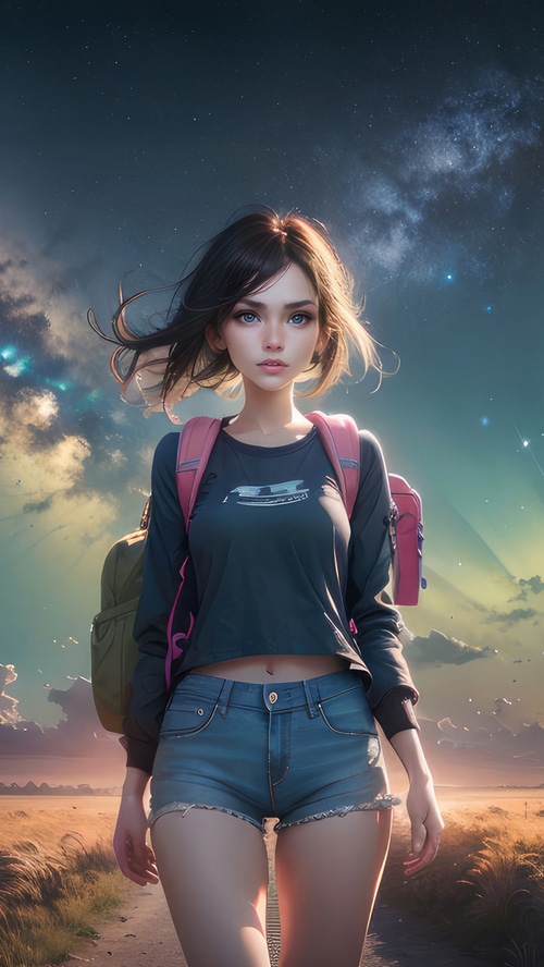 Anime girl with backpack under starry sky