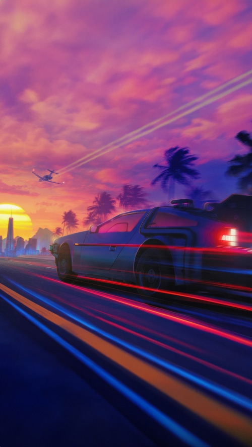 Delorean driving on a road with palm trees and city skyline