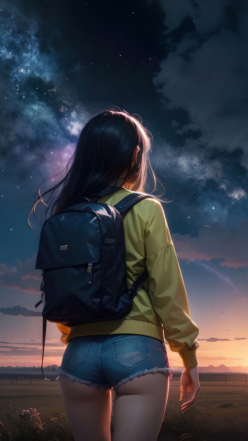 Anime girl with backpack looking at the starry sky