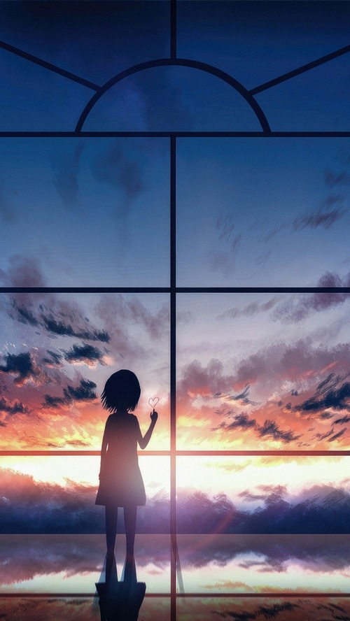 Anime girl holding a heart against a sunset sky