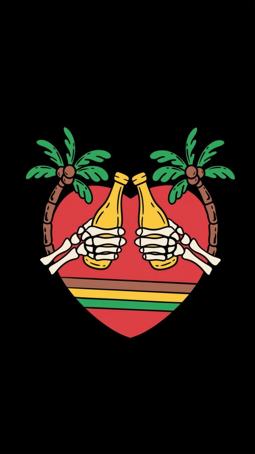 Skeleton hands holding beer bottles with palm trees and heart