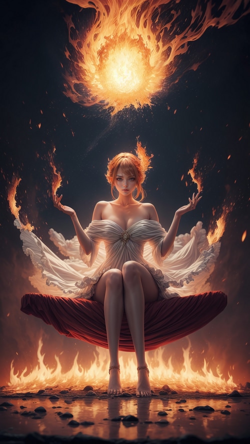 Fantasy girl with flames and fire orb 4K