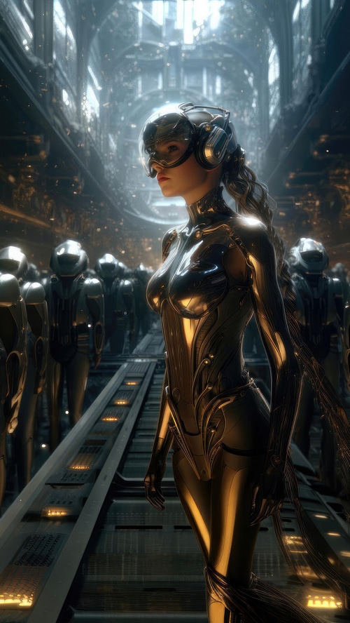 Sci-fi robot woman in a futuristic hall