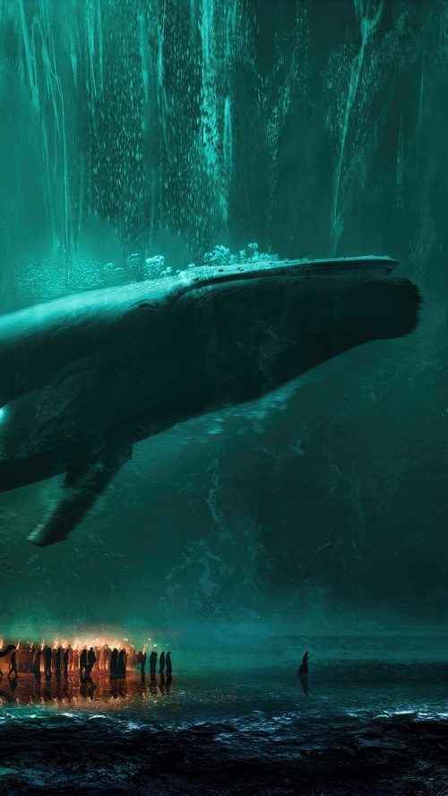 Whale and people by a waterfall