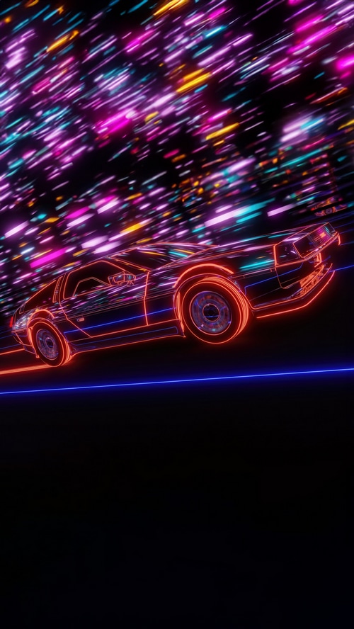 Neon DeLorean car in motion