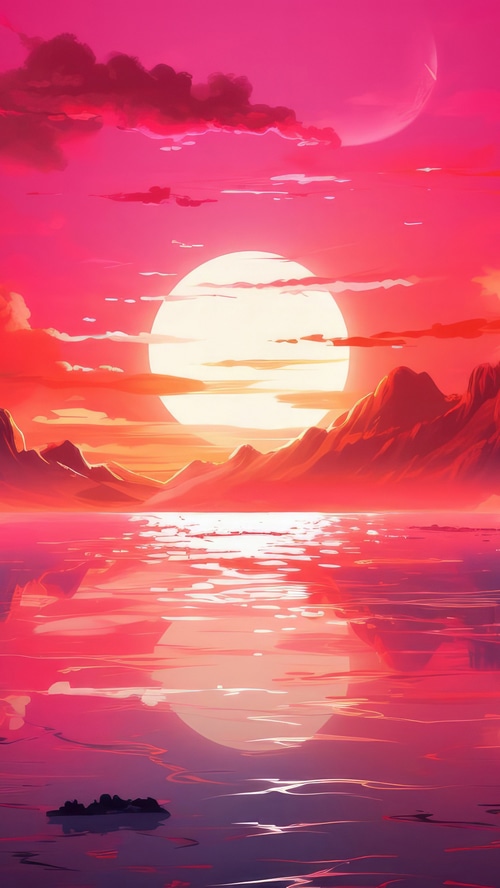 Digital art of a surreal pink sunset over a calm lake