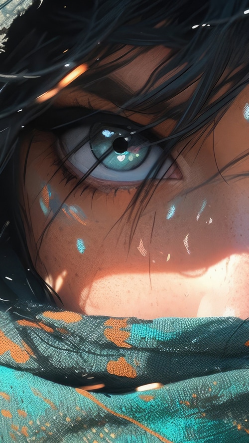 Close-up of a girl's eye with blue and orange face paint