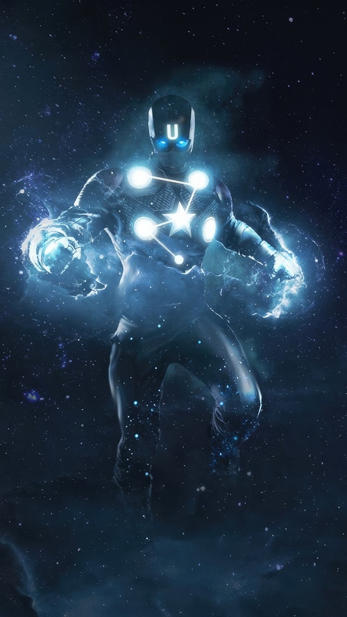 Superhero with a star emblem and U on helmet in space