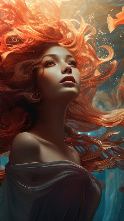 Fantasy artwork of a woman with flowing red hair underwater