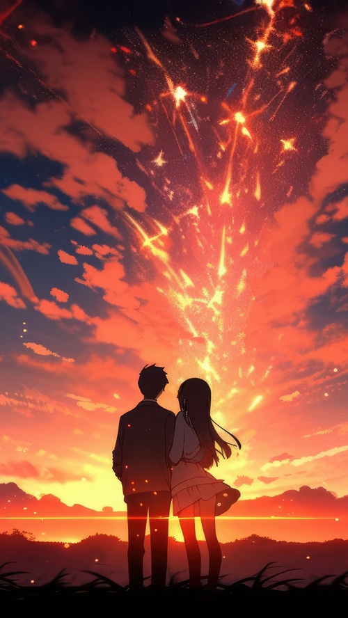 Anime couple watching fireworks at sunset