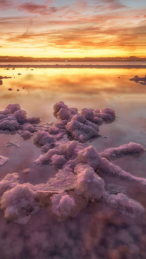Pink salt formations in a lake at sunset in Spain